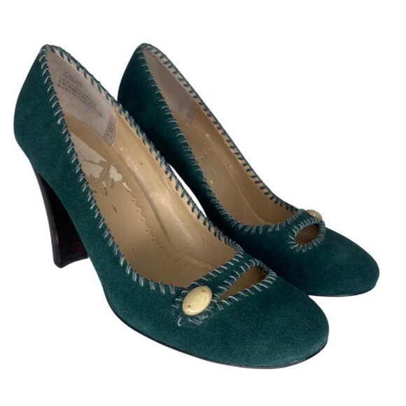 Pazzo Juniper Green Suede Outer Leather Upper Peep Accent 3 1/2' Heel Sz 7M - Picture 2 of 9